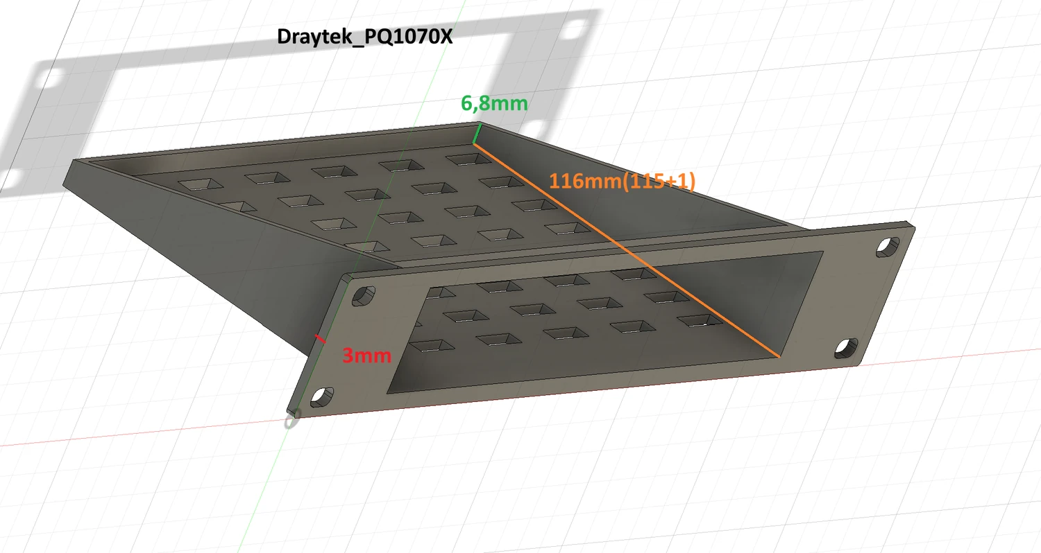 CAD side view with dimensions for the DrayTek PQ1070X rack-mount adapter.