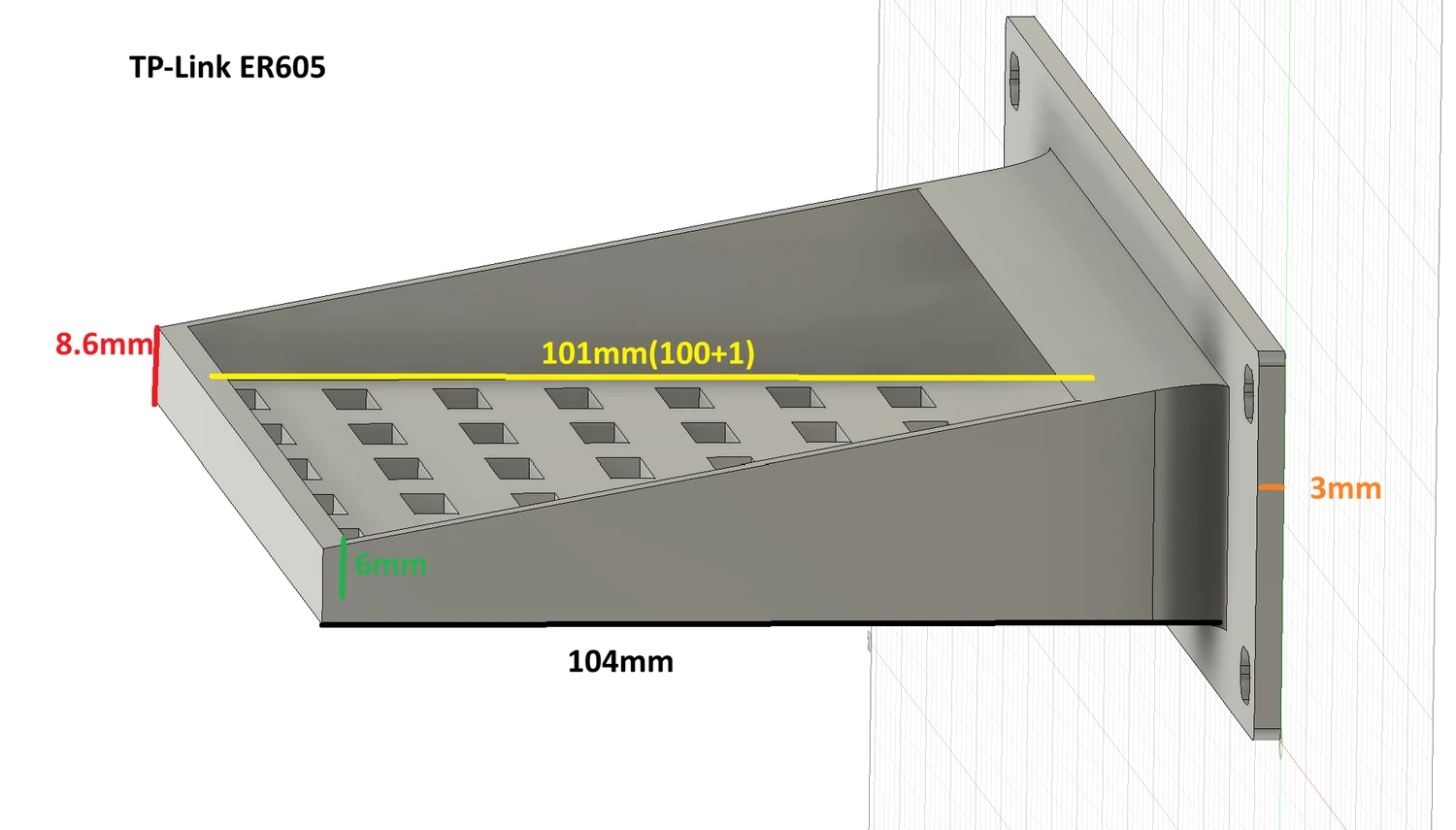 CAD side view with dimensions for the TP-Link ER605 rack-mount adapter.