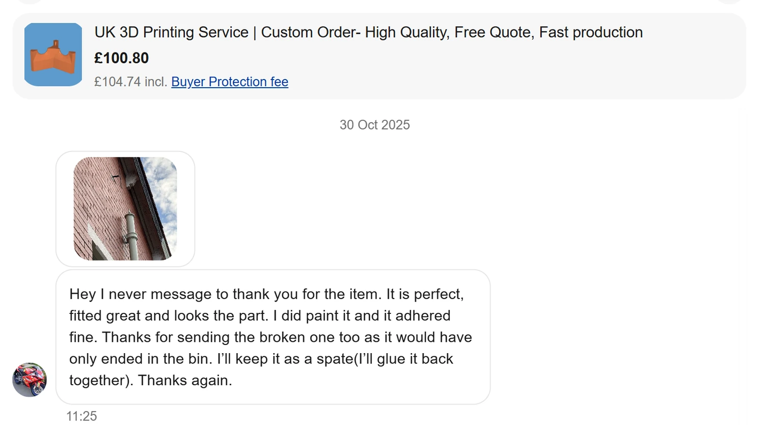 Screenshot of the client’s positive review for the custom vent cowl project.