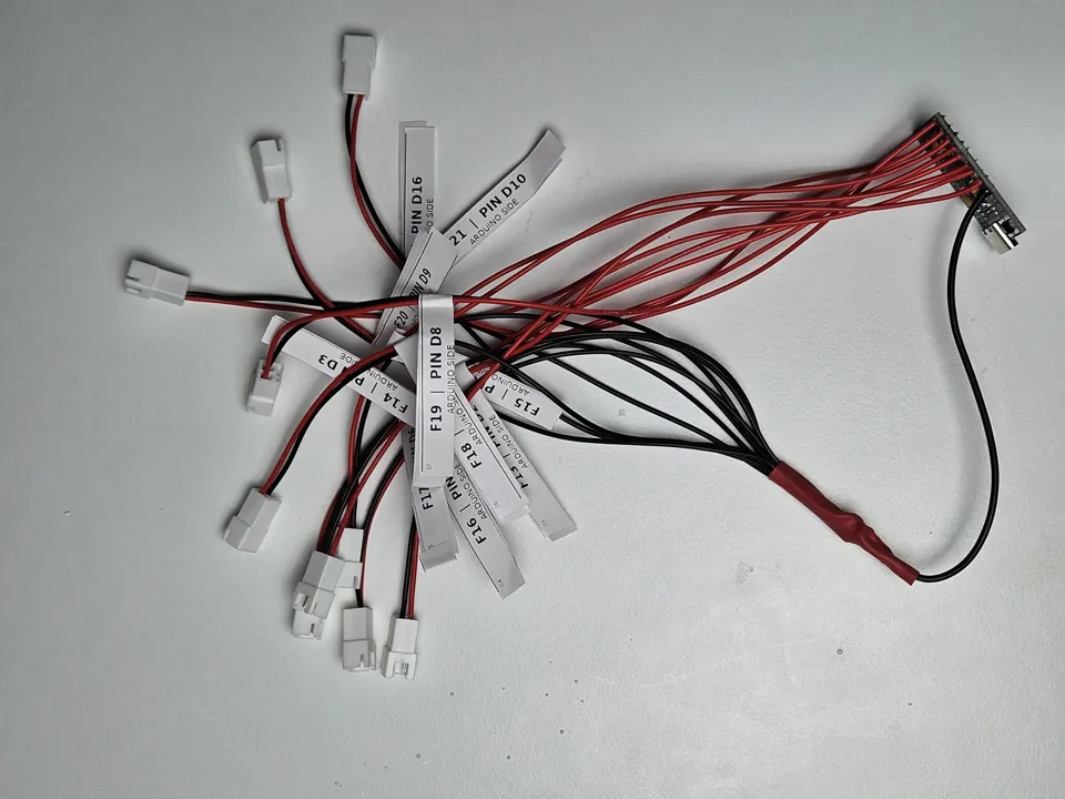 Controller wiring harness spread on a white table with labelled connectors.