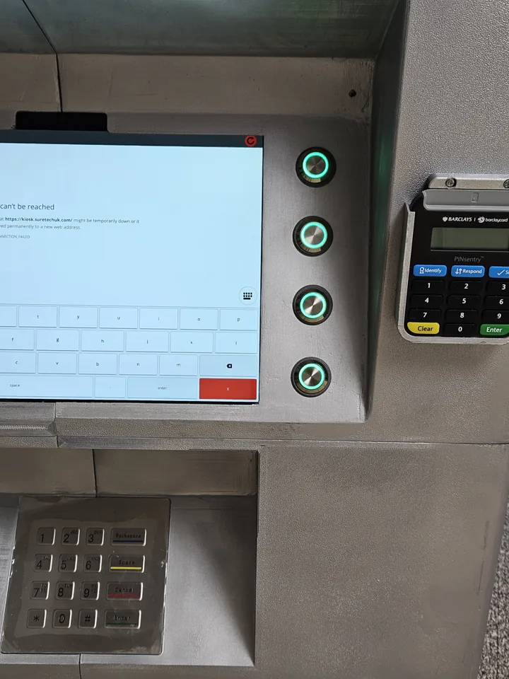 Close view of the completed front controls and tablet fitted in the kiosk.