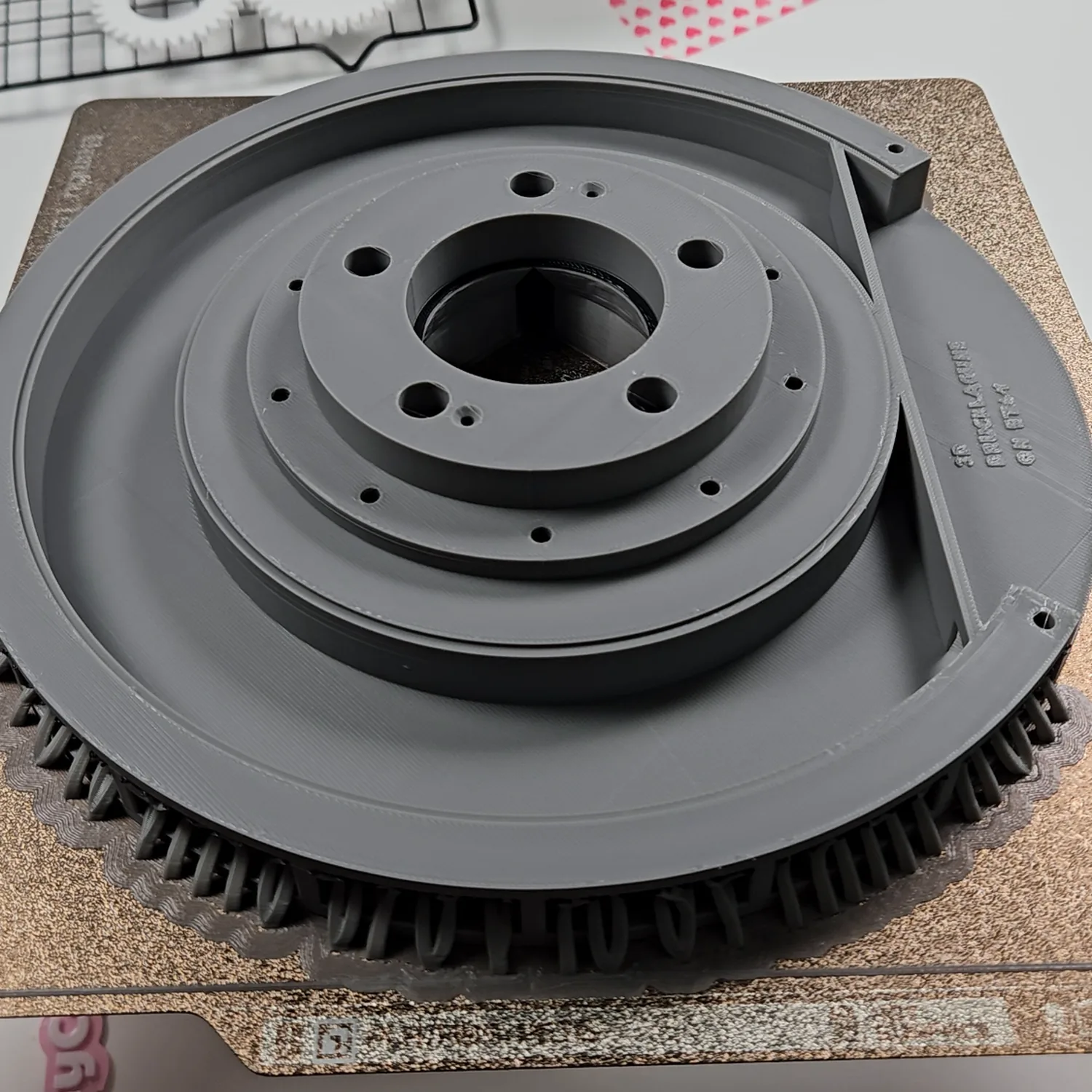 Brake disc lamp parts printing on the build plate with support material still attached.