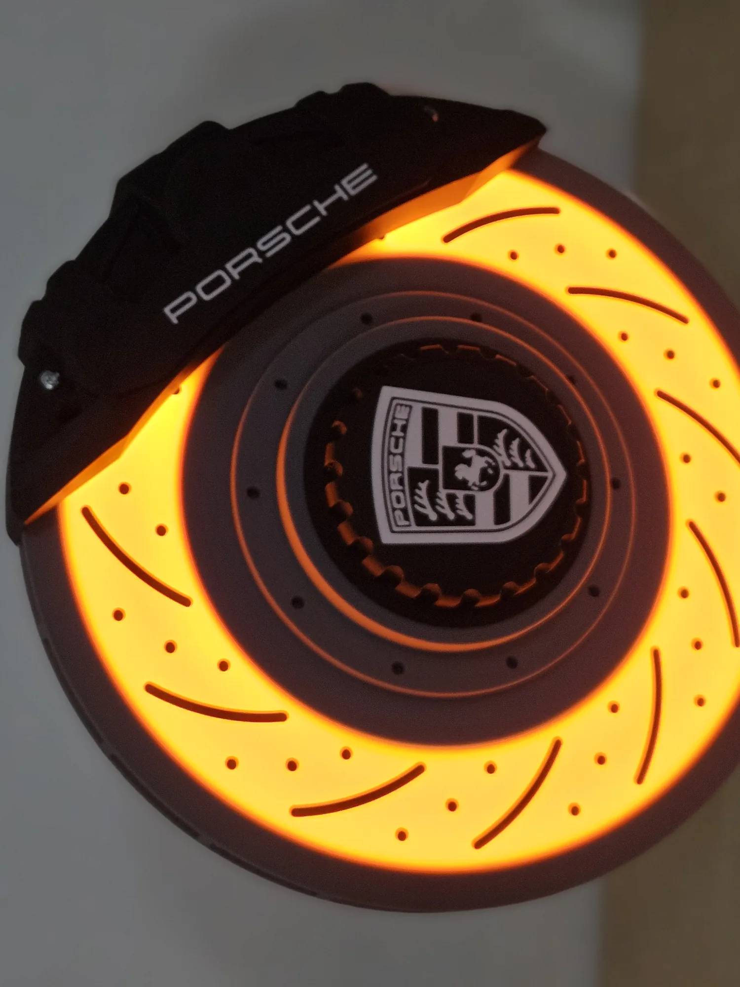 Front view of the completed brake disc lamp switched on.